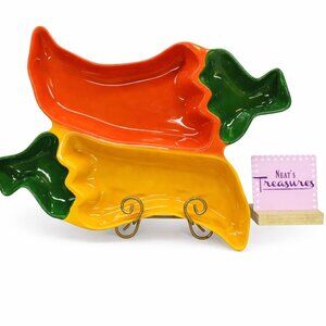 1996 Clay Art CHILI PEPPER  Red Yellow Large Divided 16 x 11 Party Serving Bowl